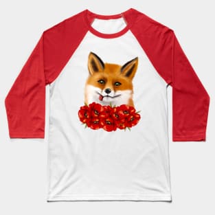 Cute face of a fox with red poppies. Baseball T-Shirt